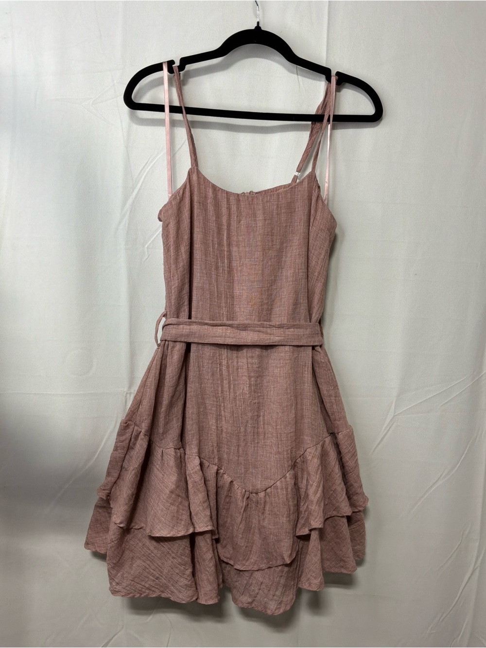 Sleeveless Dusty Rose Tiered Mini Dress with Self-Tie Waist